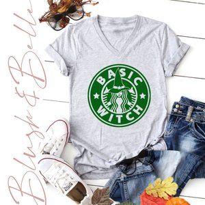Basic Witch Starbucks Halloween V-Neck Tee GREY